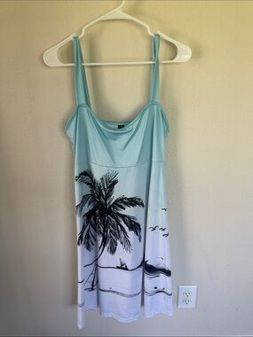 Source Unknown Light Blue Palm-Print Sun Dress